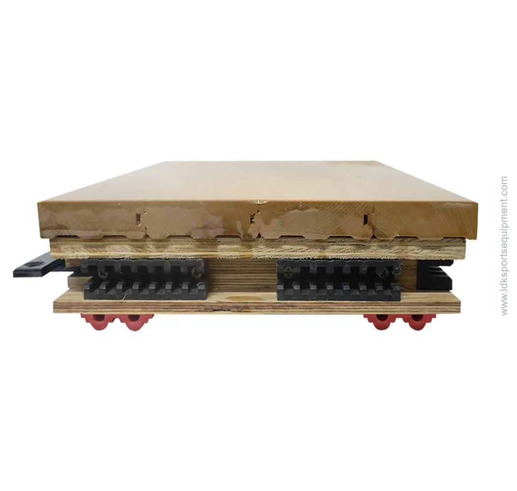 Cross-section of a wooden basketball floor system showing the surface layer and supporting components