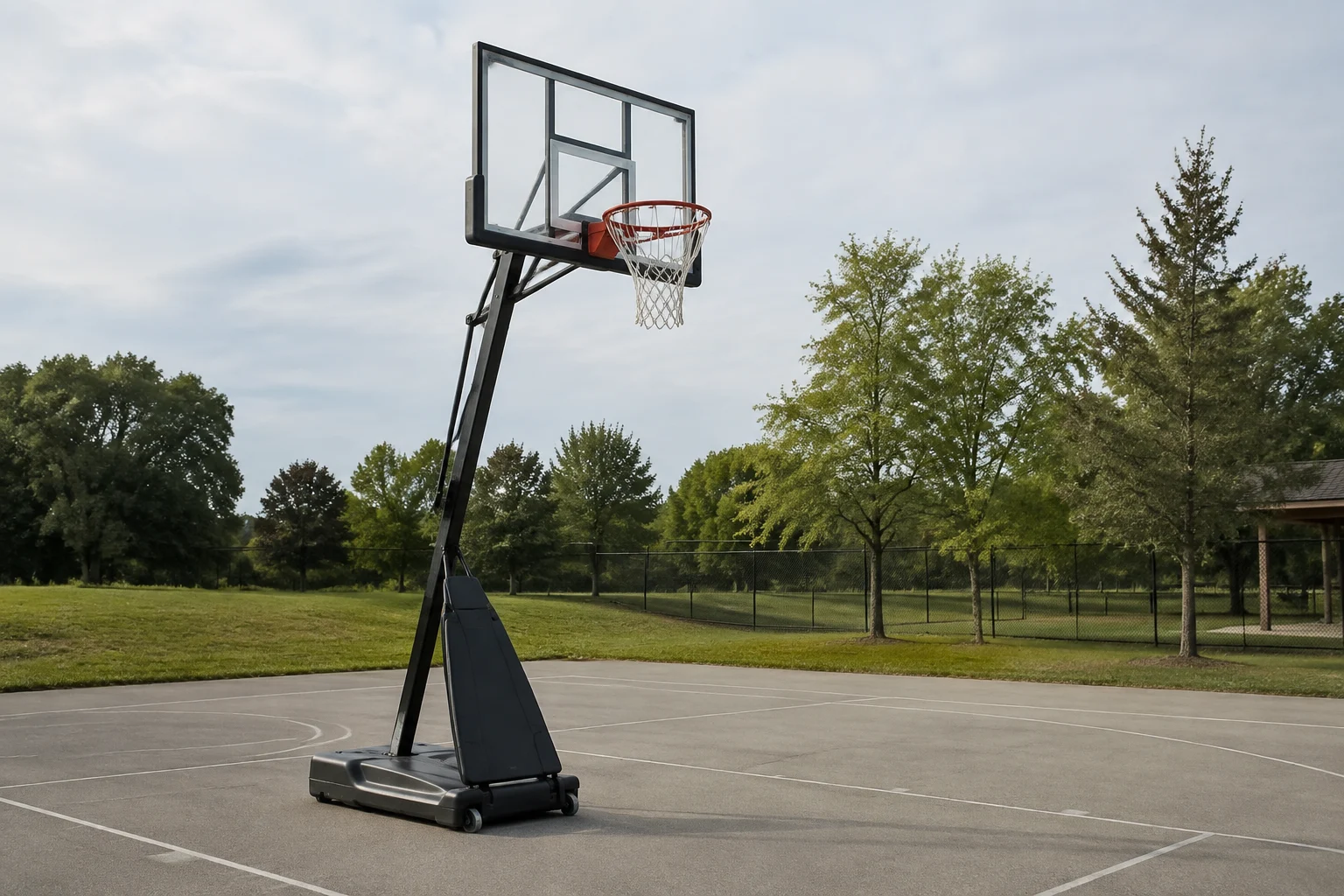 Stable portable basketball stand positioned on an outdoor court
