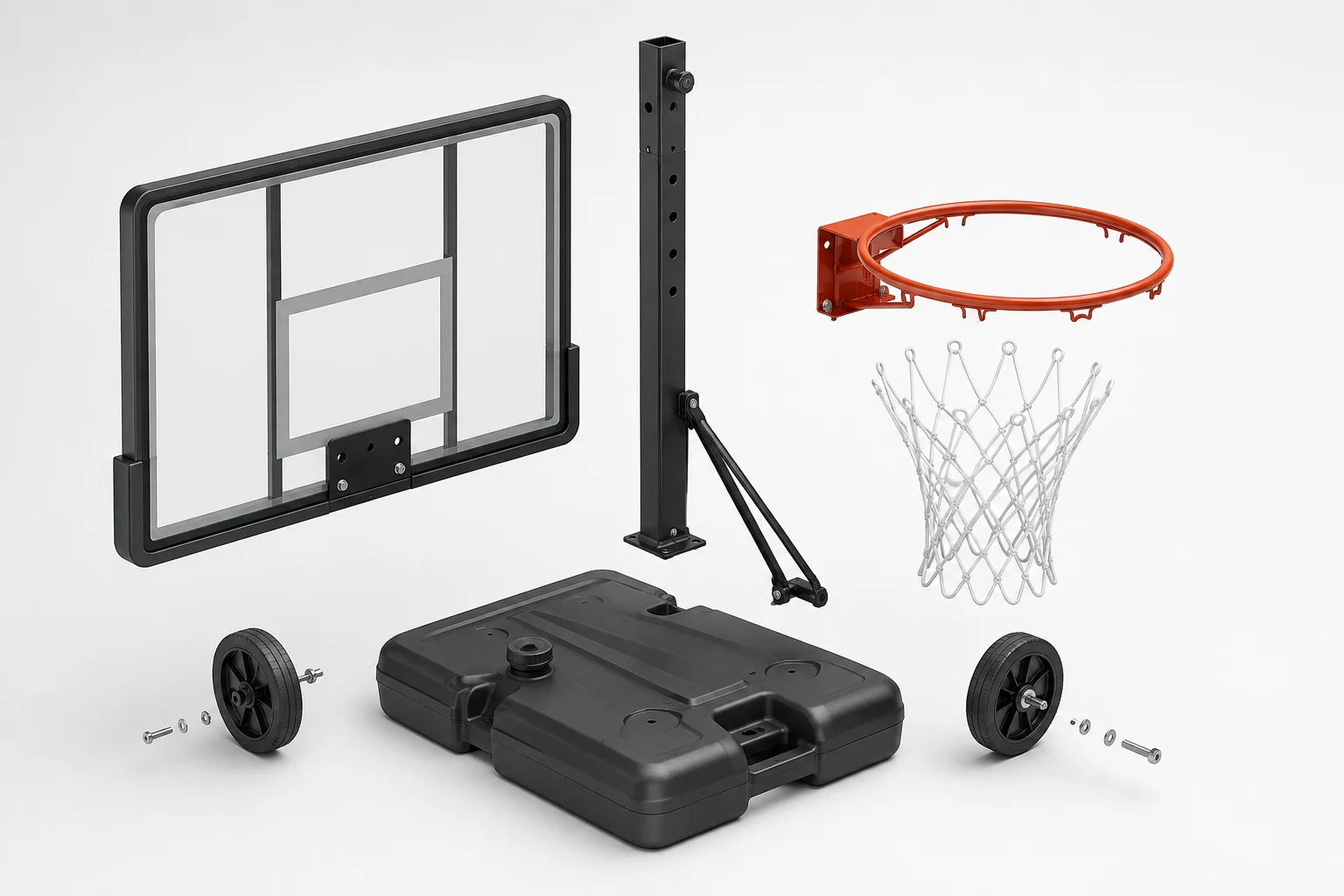 Portable basketball stand components arranged for assembly