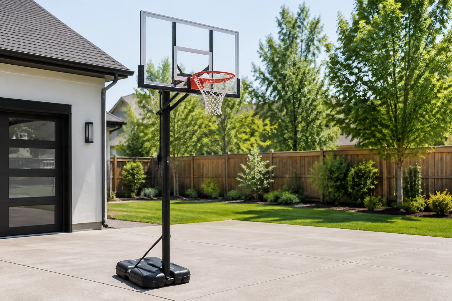 Portable basketball stand with base, pole, backboard and hoop
