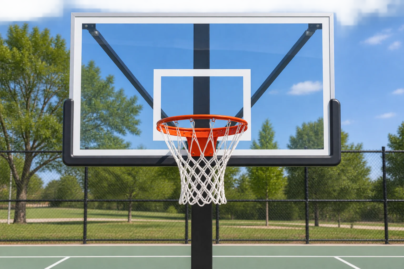 Replacement basketball backboard mounted on a compatible hoop