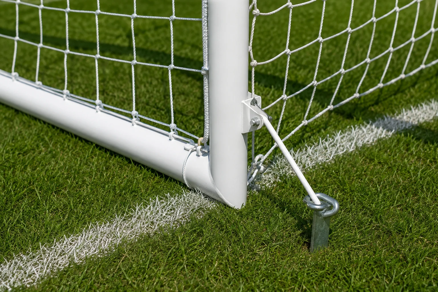 Football goal crossbar joint and ground anchoring detail