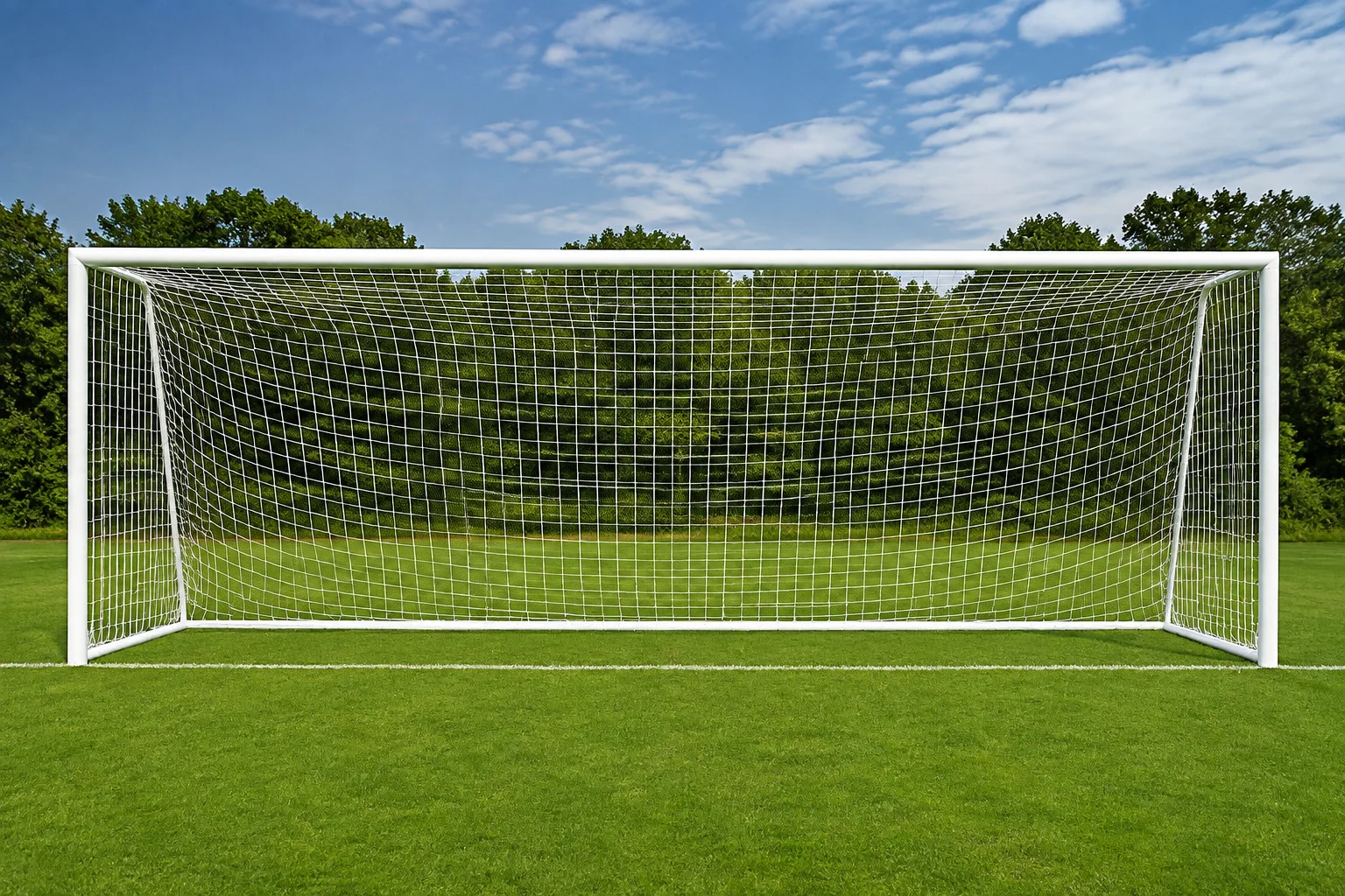 Full-size football goal on a maintained grass pitch
