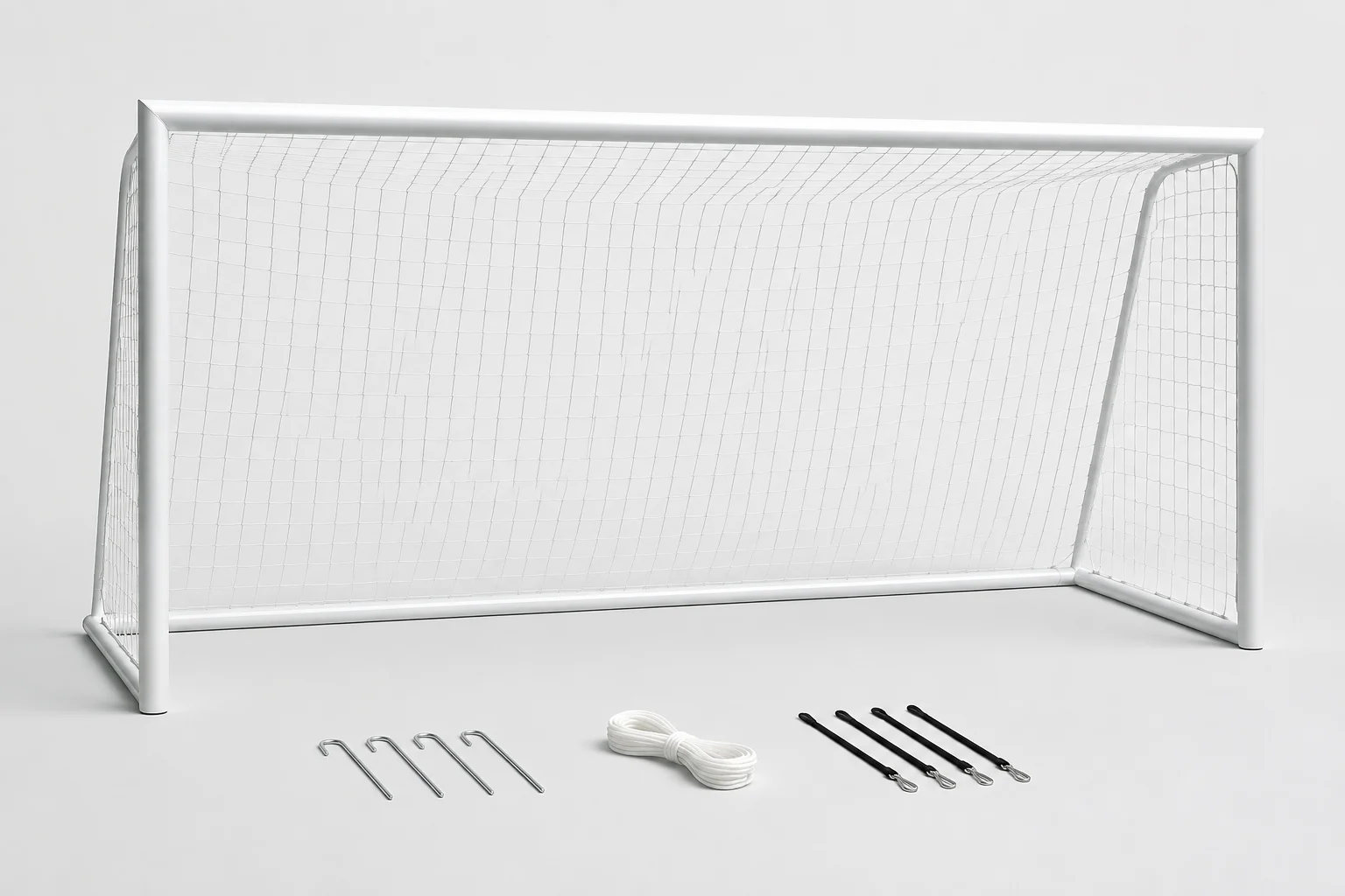 Football goal frame, net and anchoring accessories