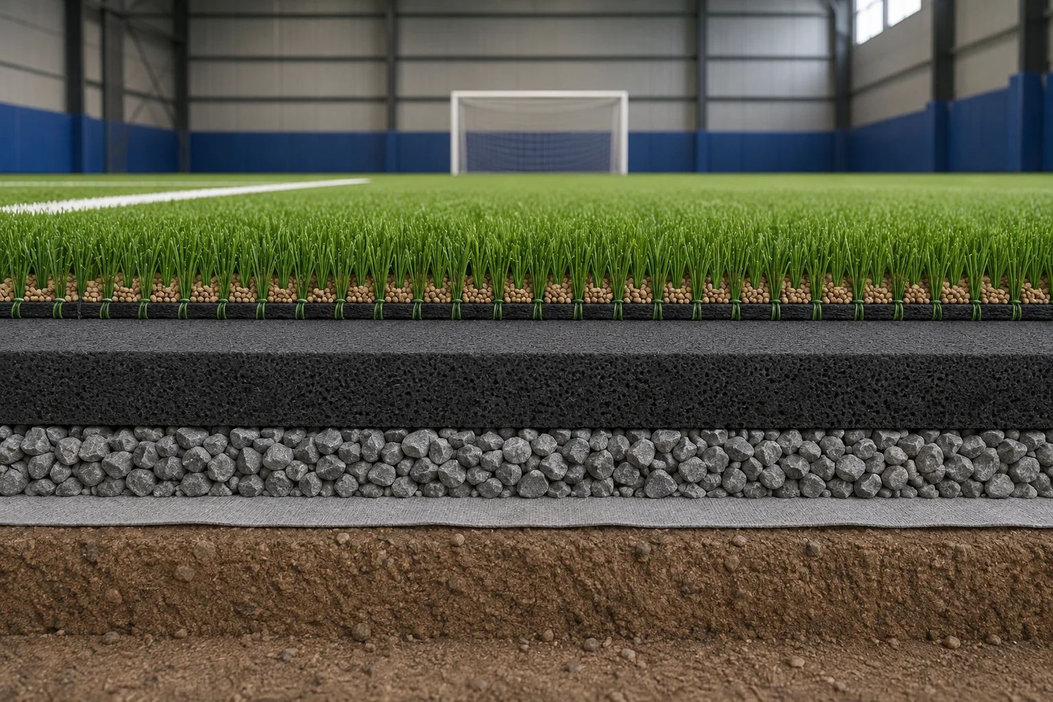 Unlabelled indoor soccer floor assembly with base, drainage and artificial turf