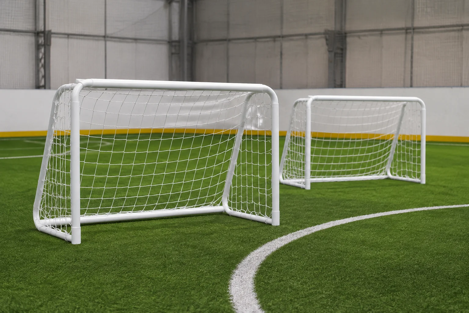 Small-sided soccer goals on an indoor artificial-turf pitch