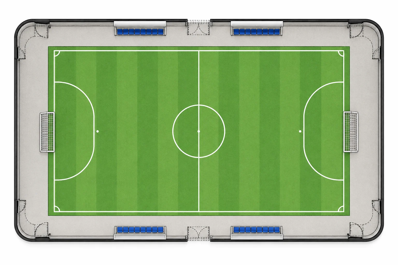 Unlabelled indoor soccer pitch layout with run-off, benches and gates