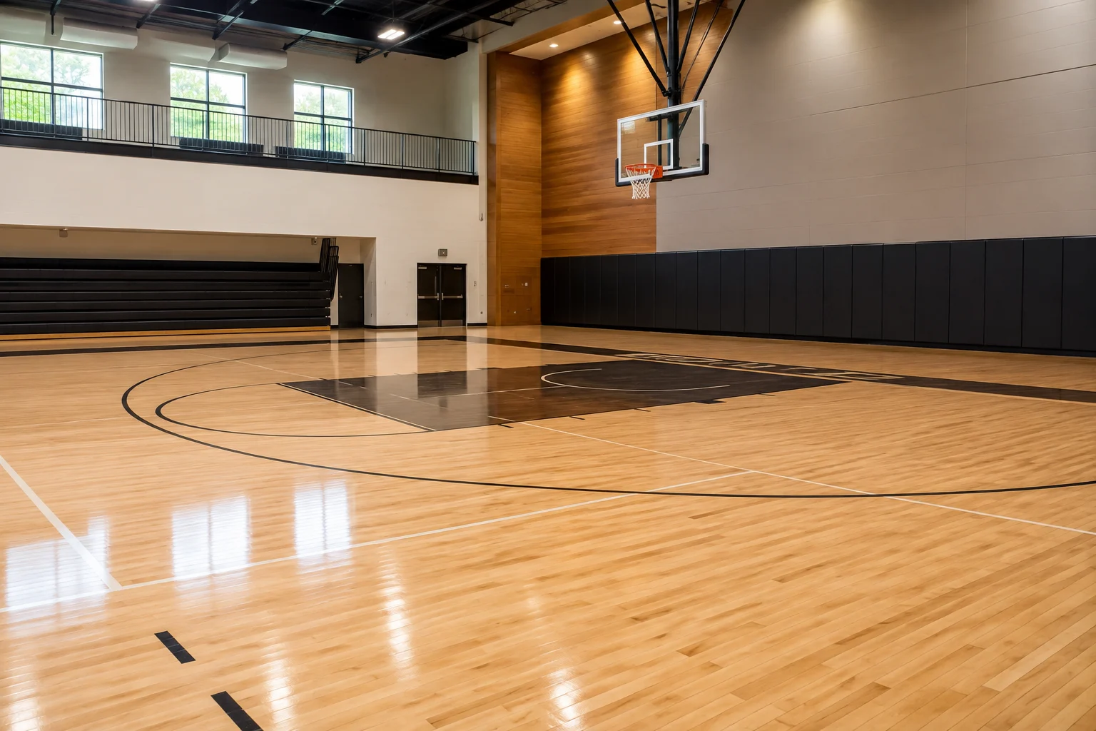 Indoor maple basketball court floor with clean markings