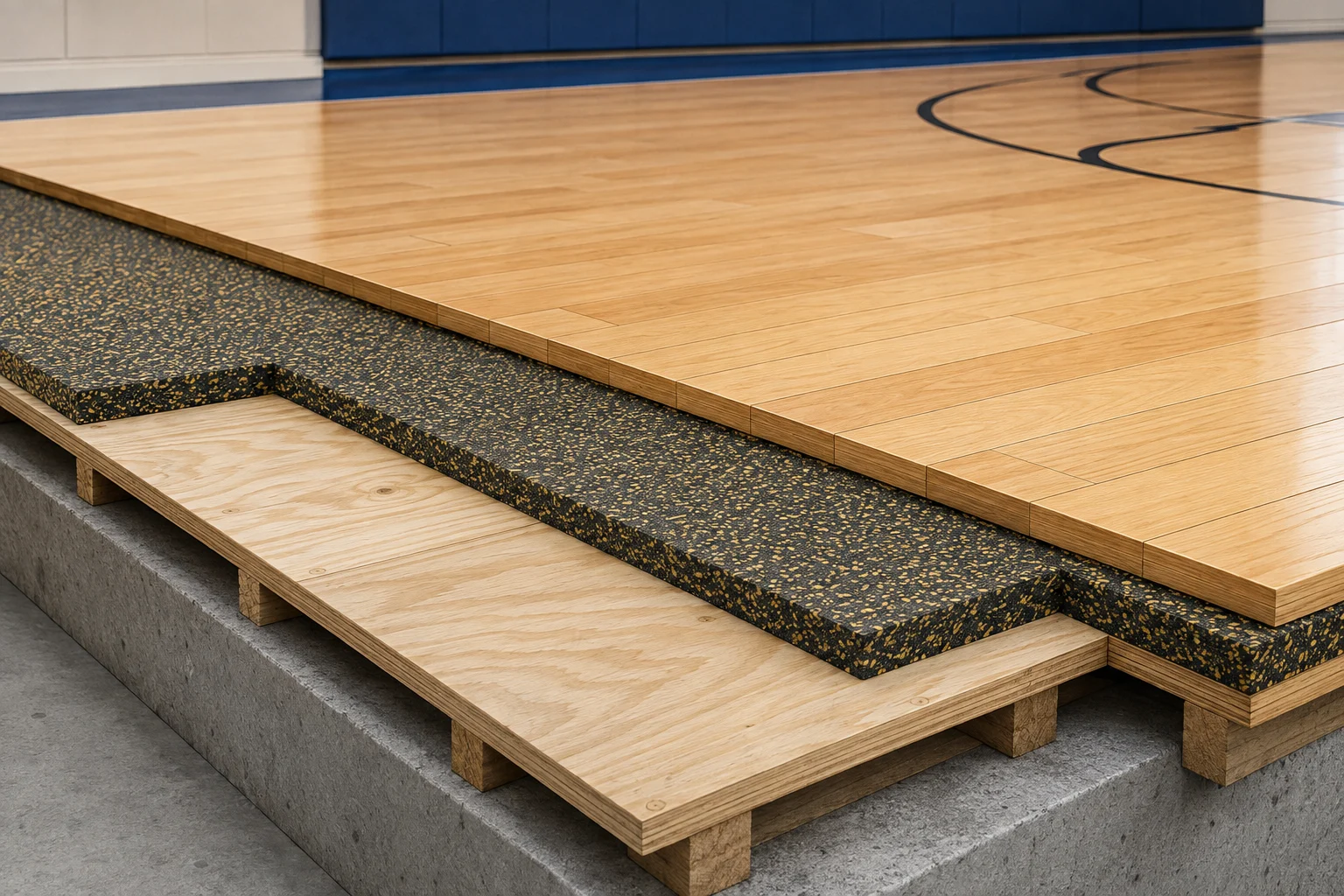 Unlabelled indoor basketball floor assembly layers