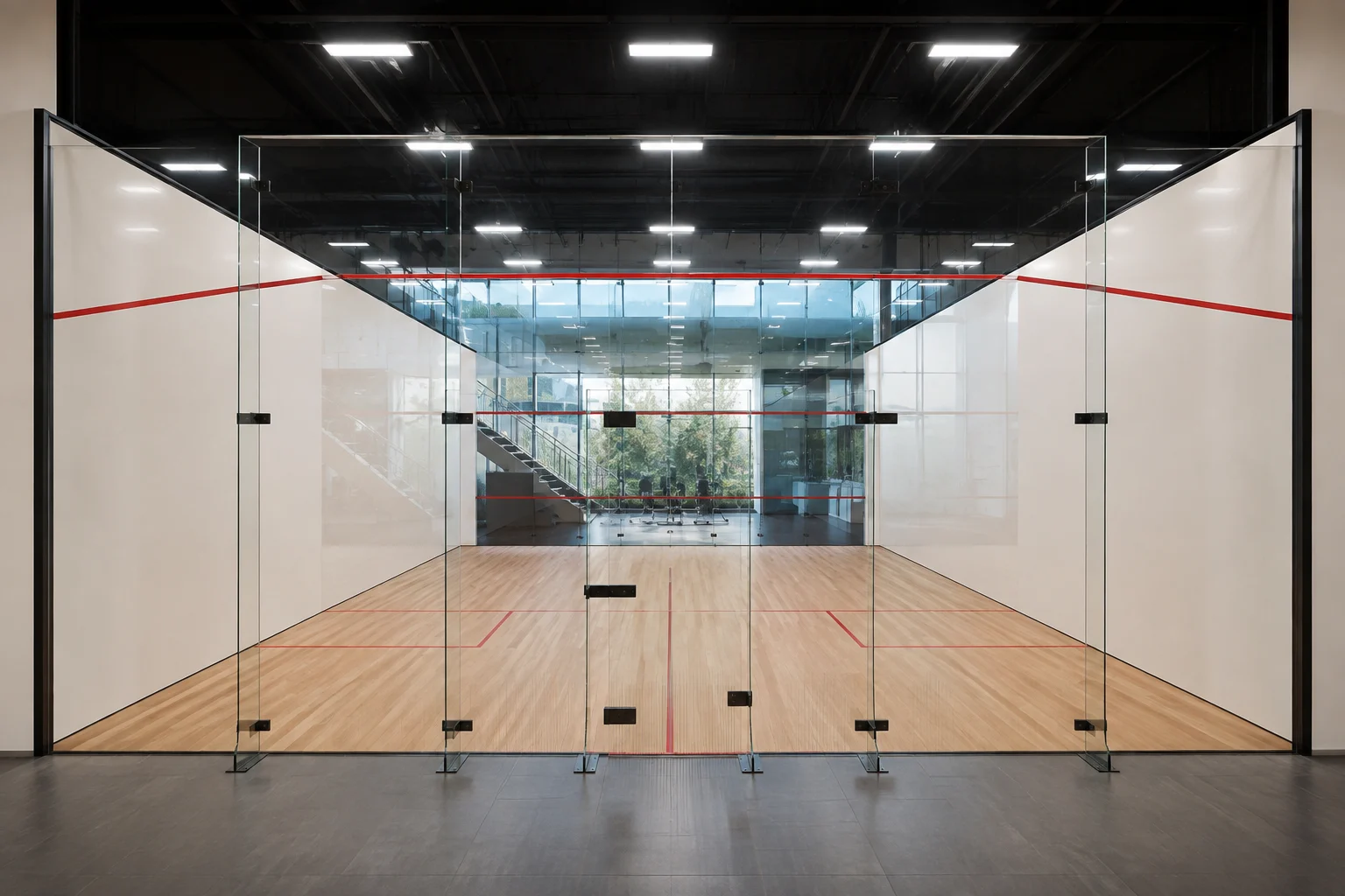 Complete glass-back-wall squash court in a modern sports venue