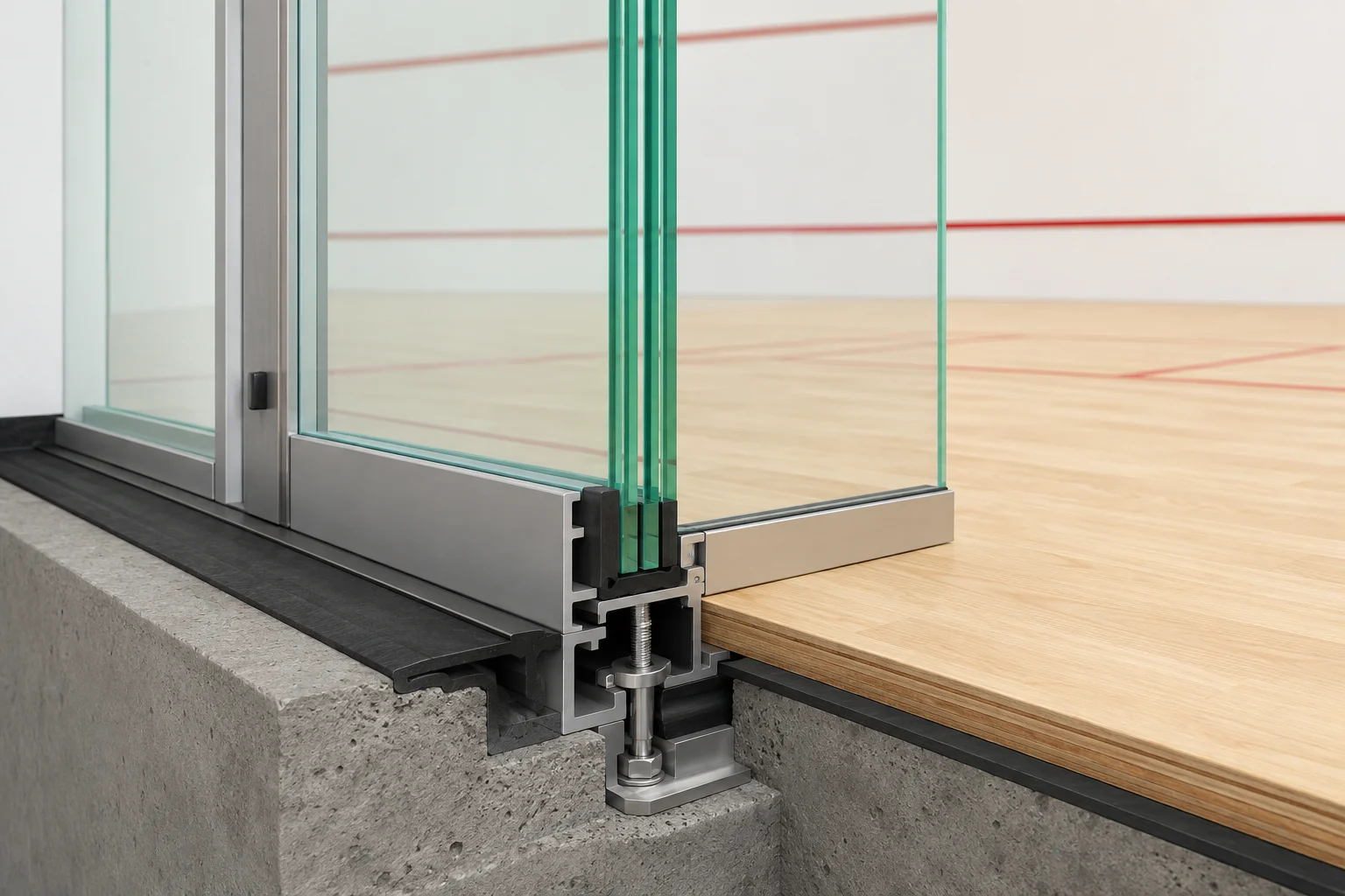 Unlabelled squash court glass panel and frame assembly