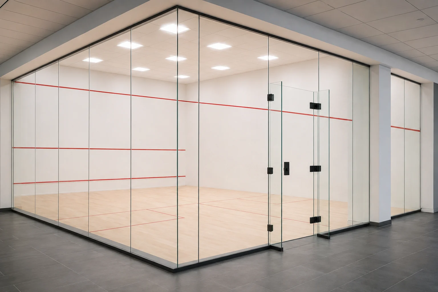 Completed glass squash court installation viewed from outside