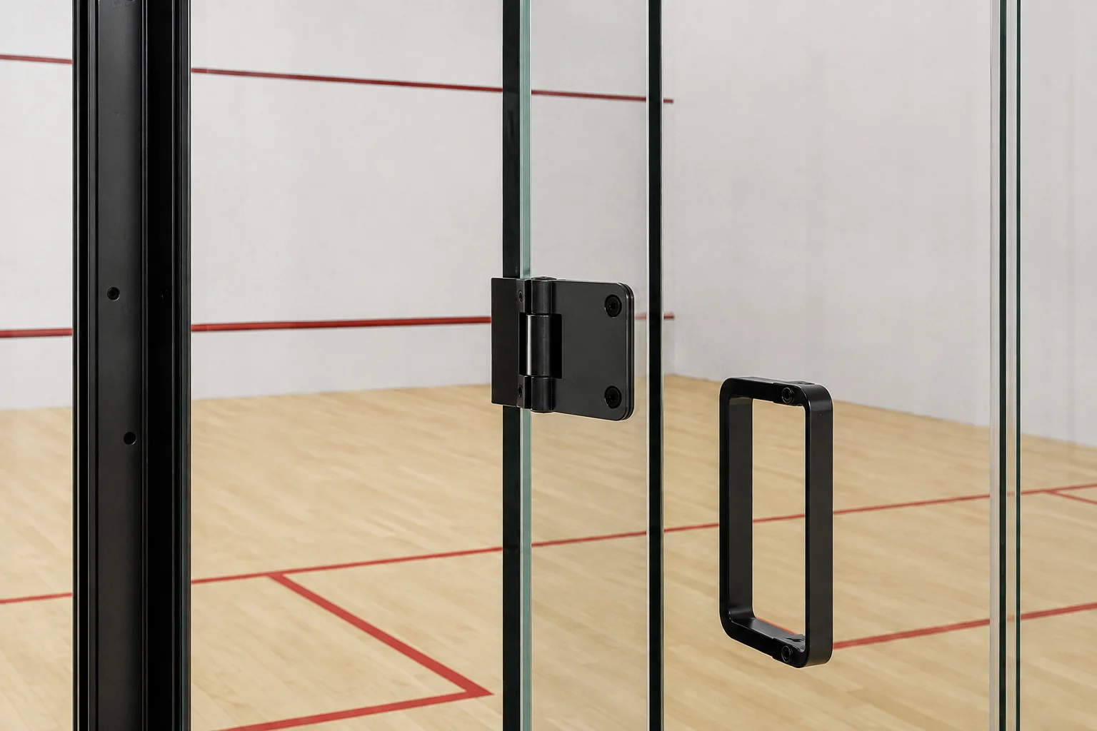 Glass squash court door hardware and frame detail