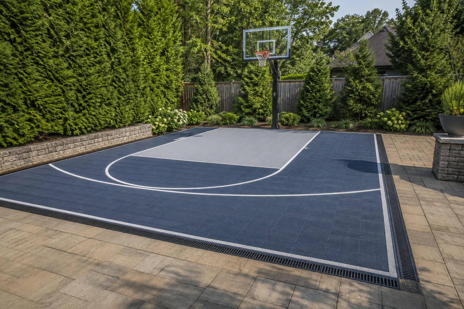 Residential backyard half basketball court with drainage edge
