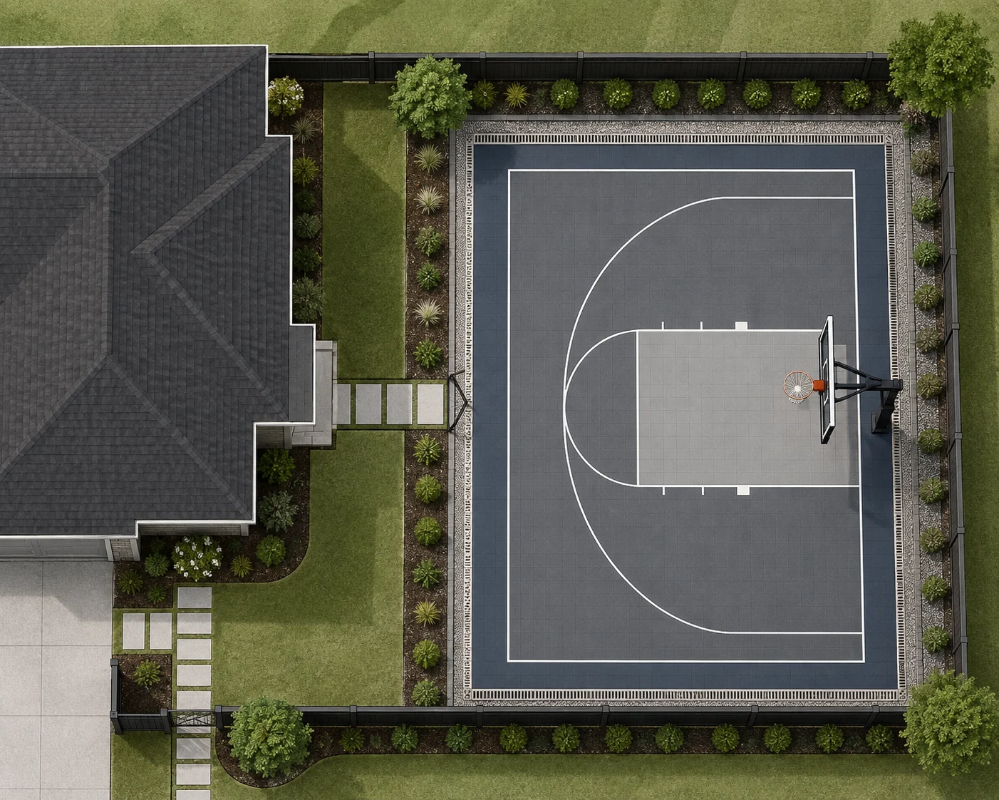 Unlabelled backyard basketball court site plan with access and drainage