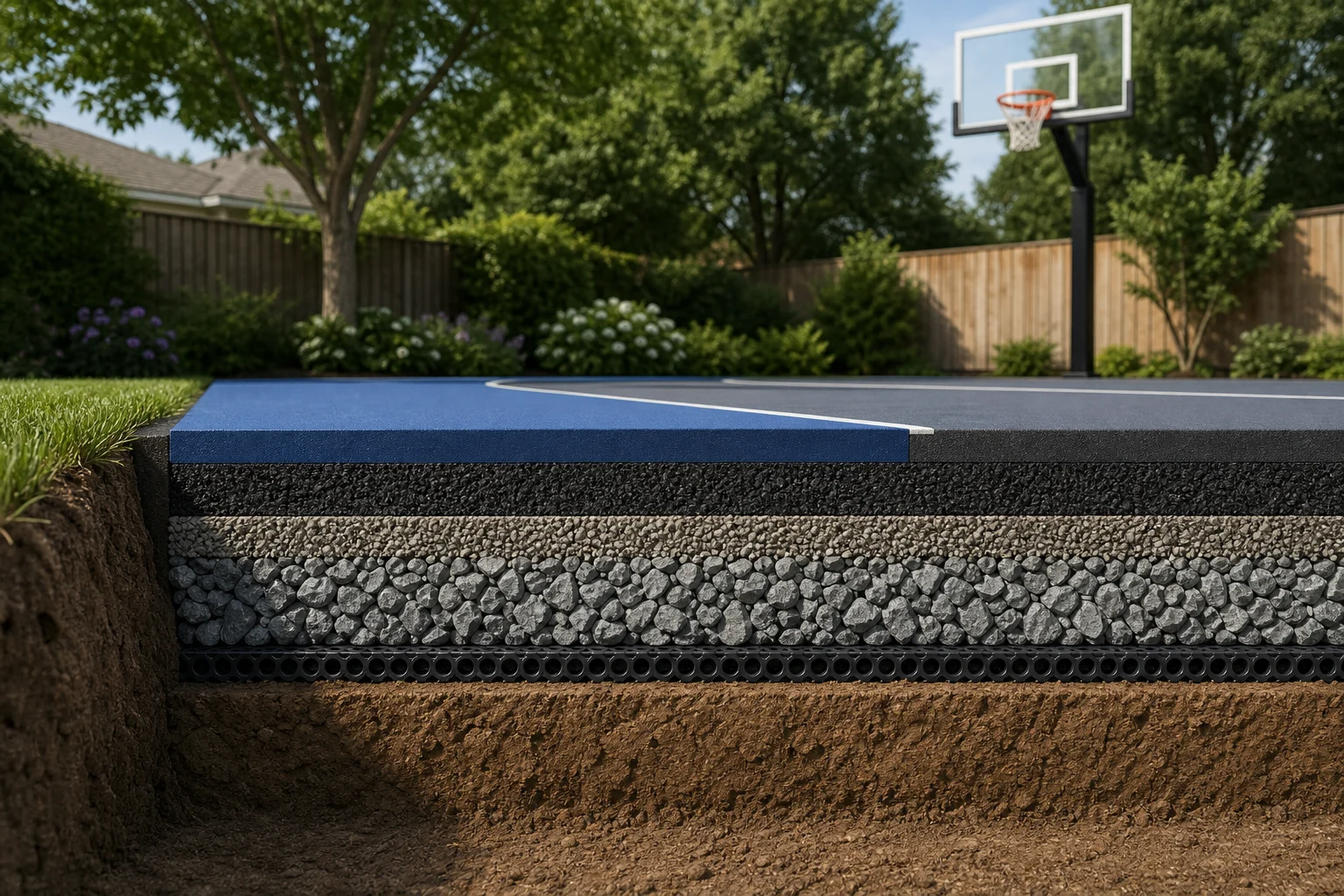 Unlabelled residential basketball court base and drainage layers