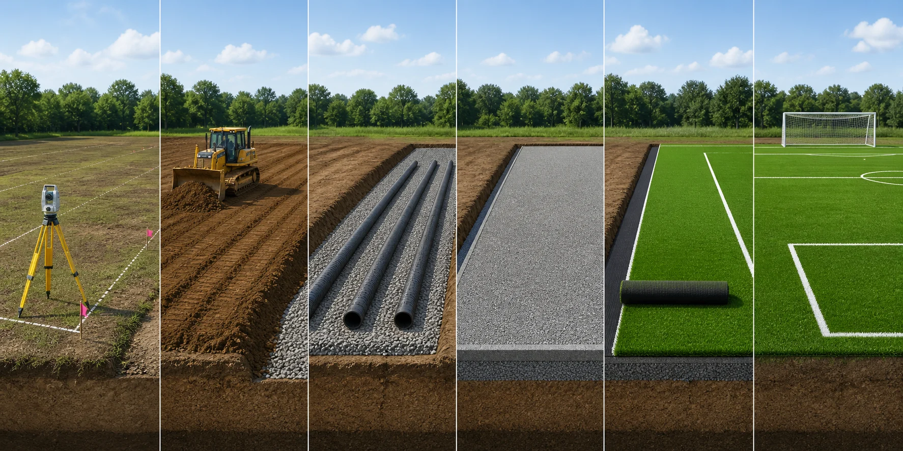 Unlabelled football field construction sequence from survey to turf