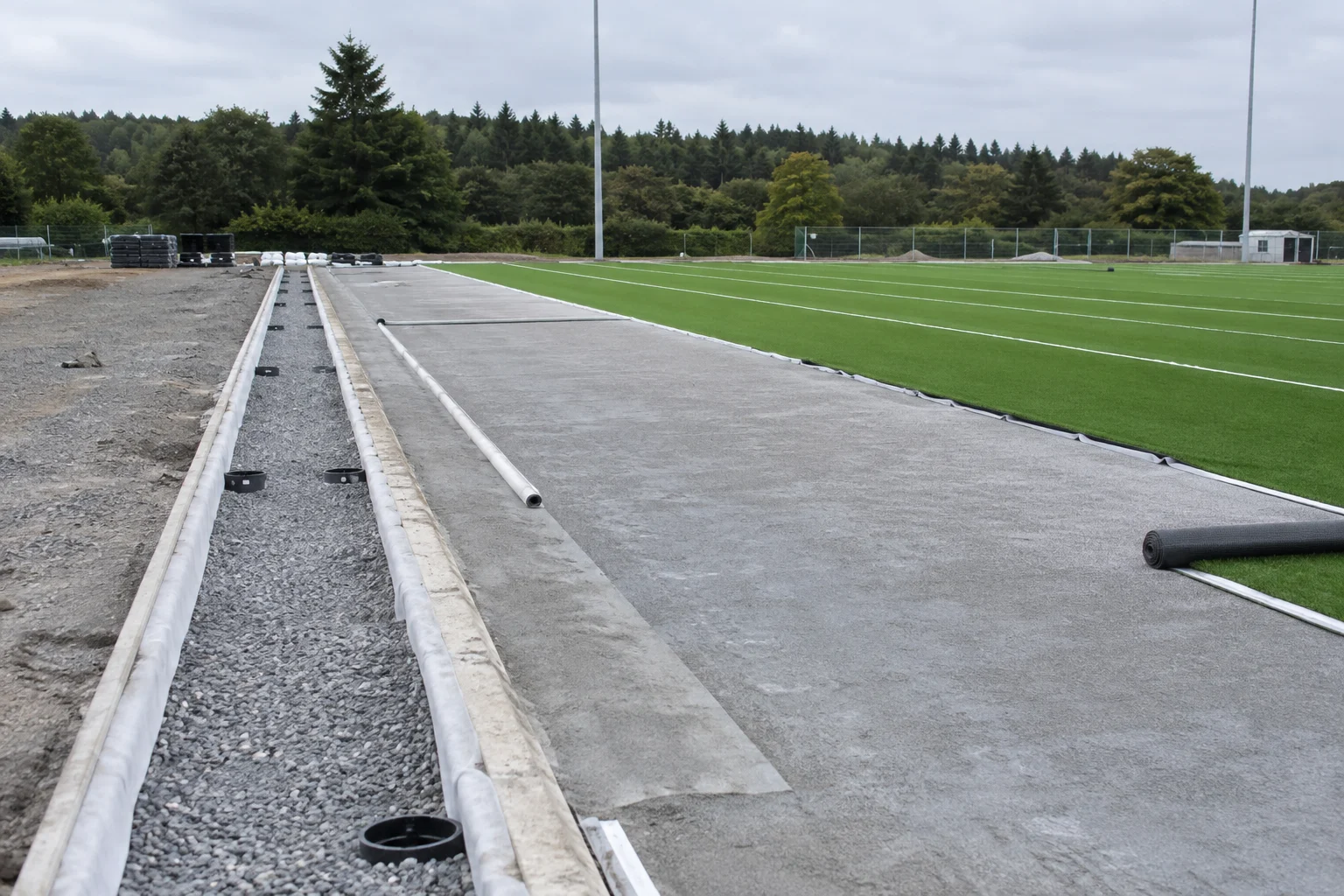 Artificial-turf football field under construction with prepared base