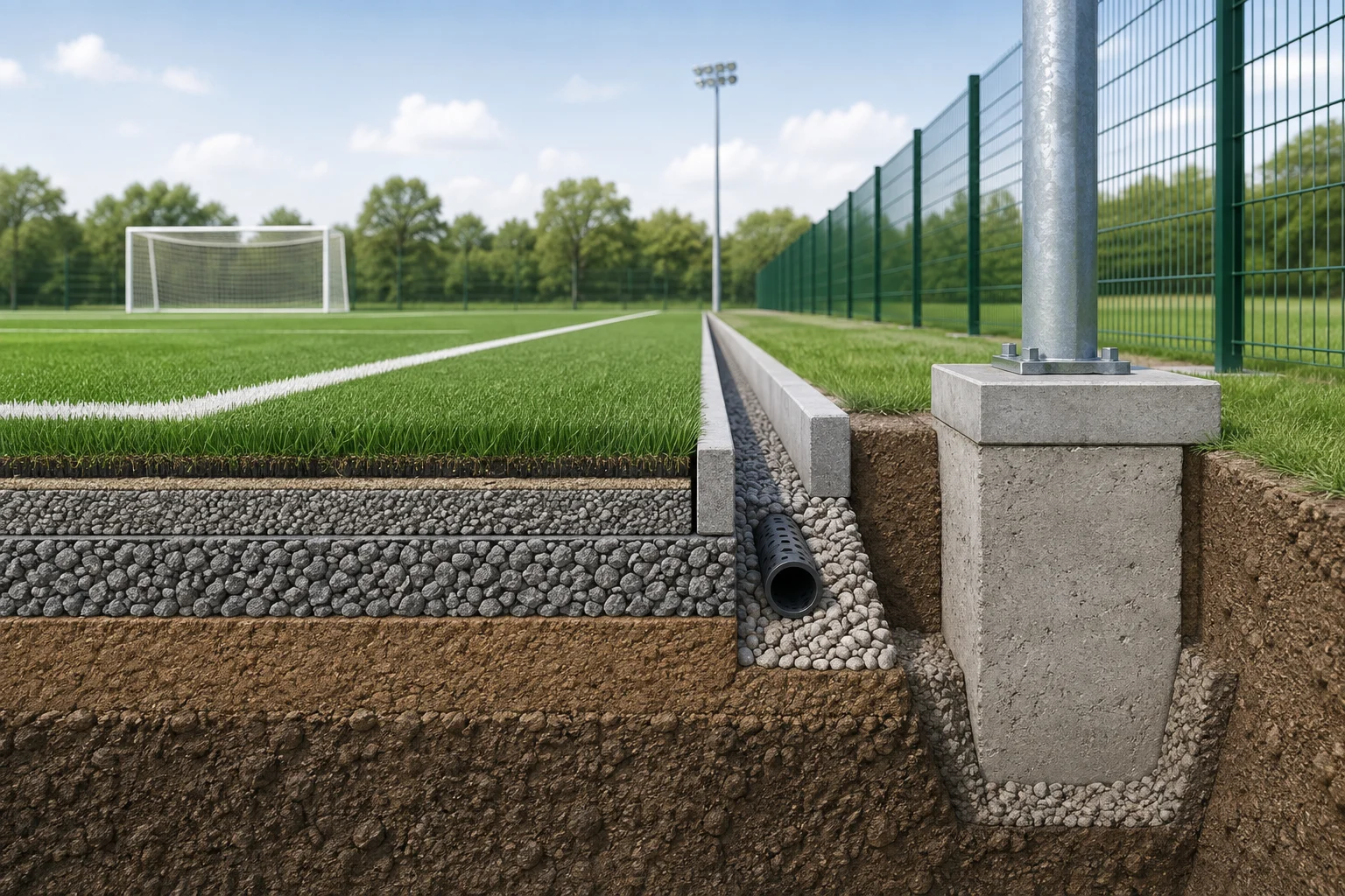 Unlabelled football pitch edge with subgrade, drainage, base and turf layers