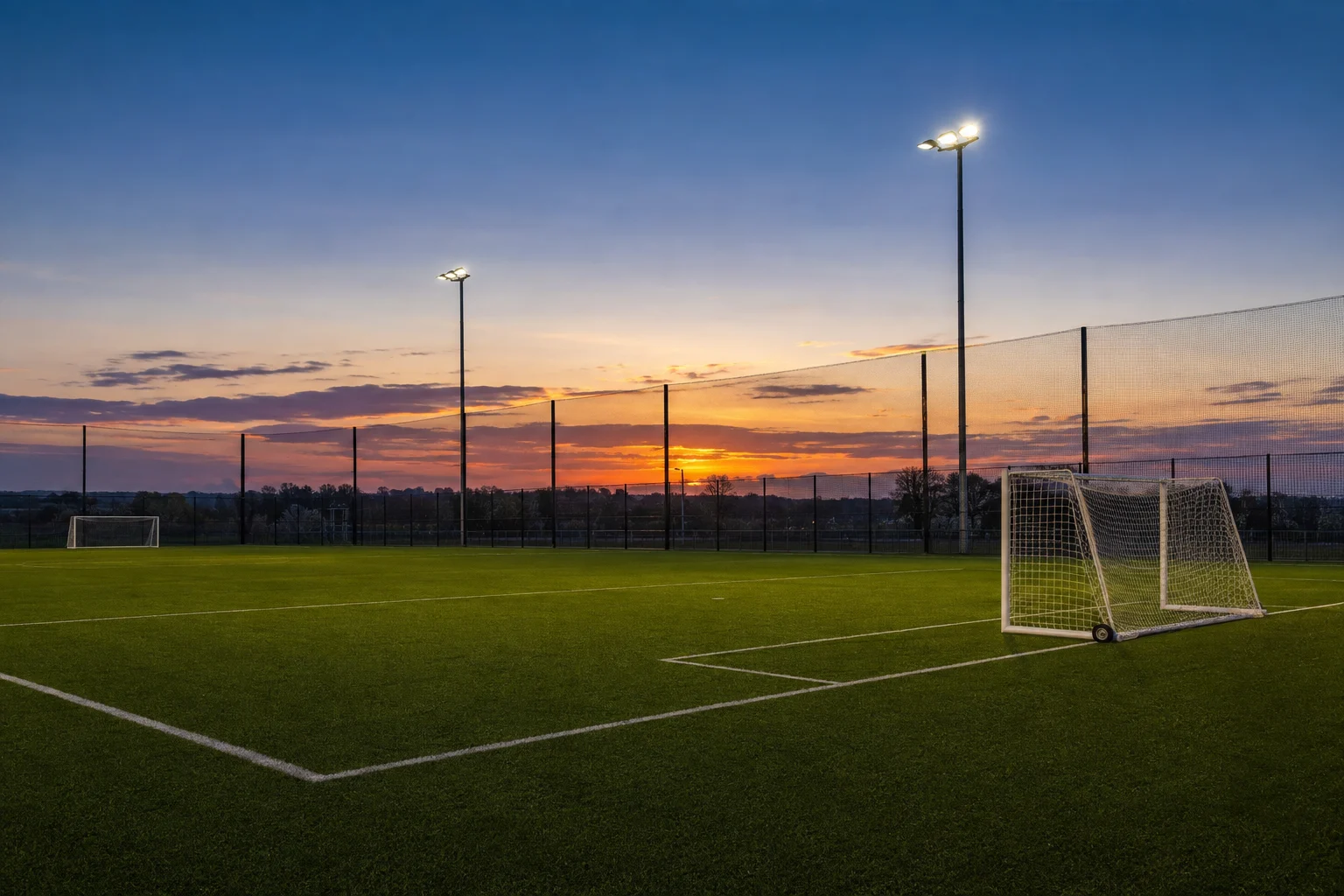 Community football field with secure goals, ball-stop netting and floodlights