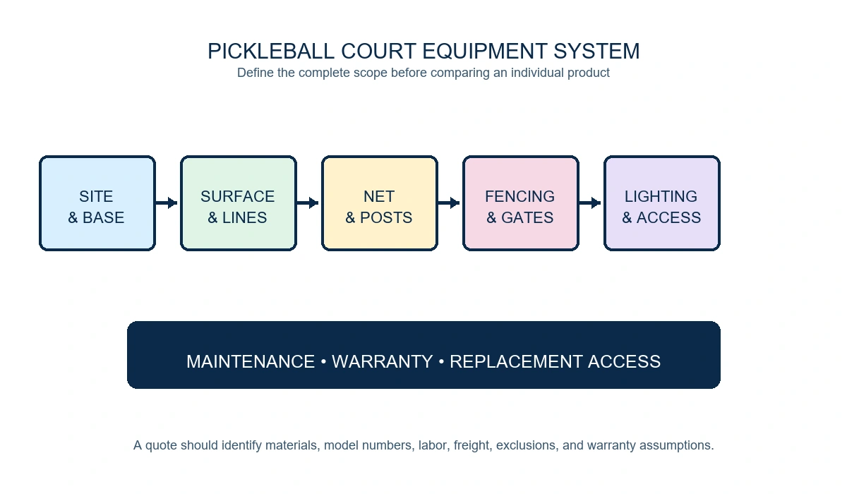 Diagram showing the main pickleball court equipment system categories from site and base through lighting and access.