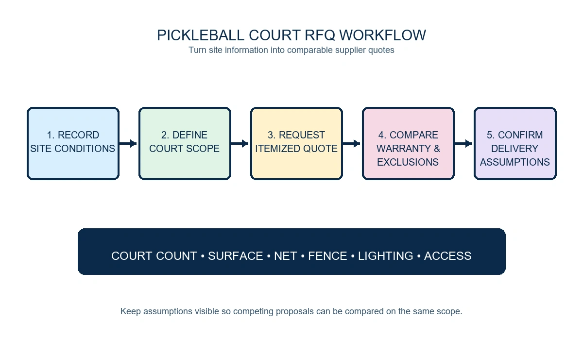 Diagram showing a five-step pickleball court request-for-quotation workflow from site conditions to delivery assumptions.