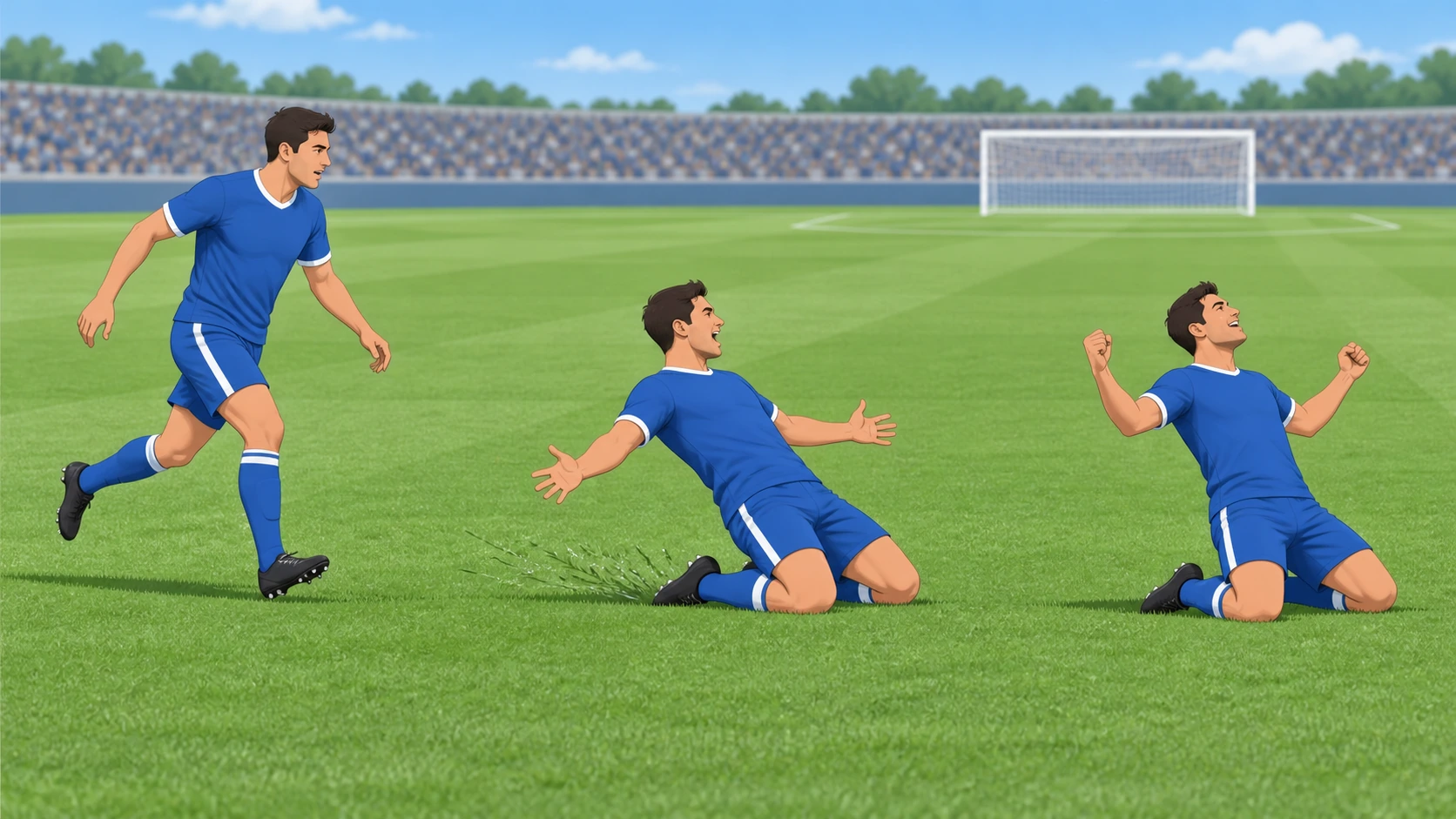 Soccer celebration sequence with an open lane away from teammates and barriers