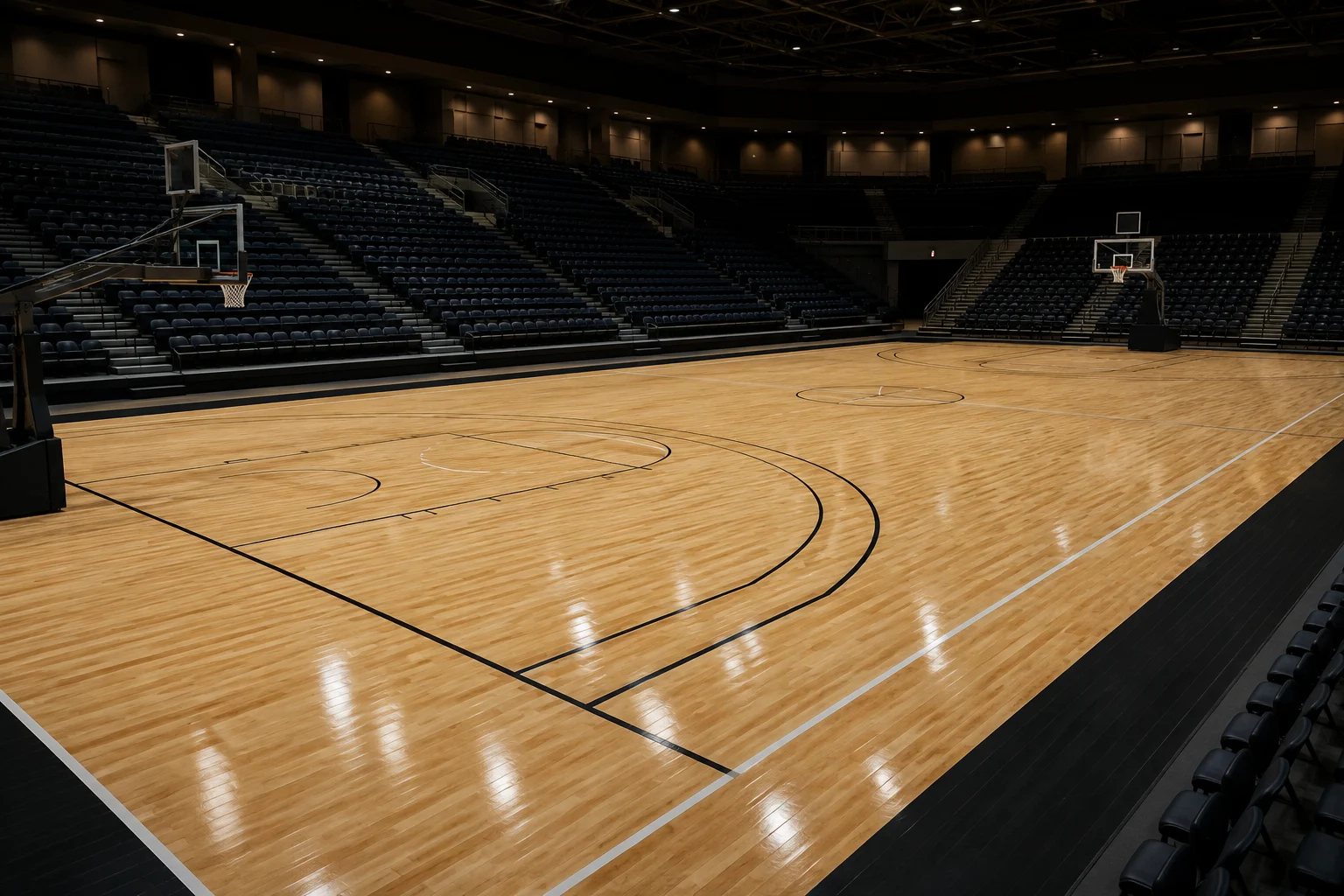 Indoor maple basketball court floor with clean markings