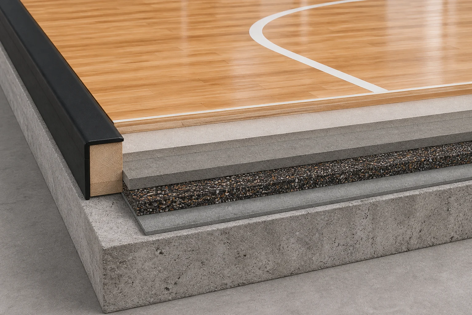Unlabelled basketball court surface and base layers