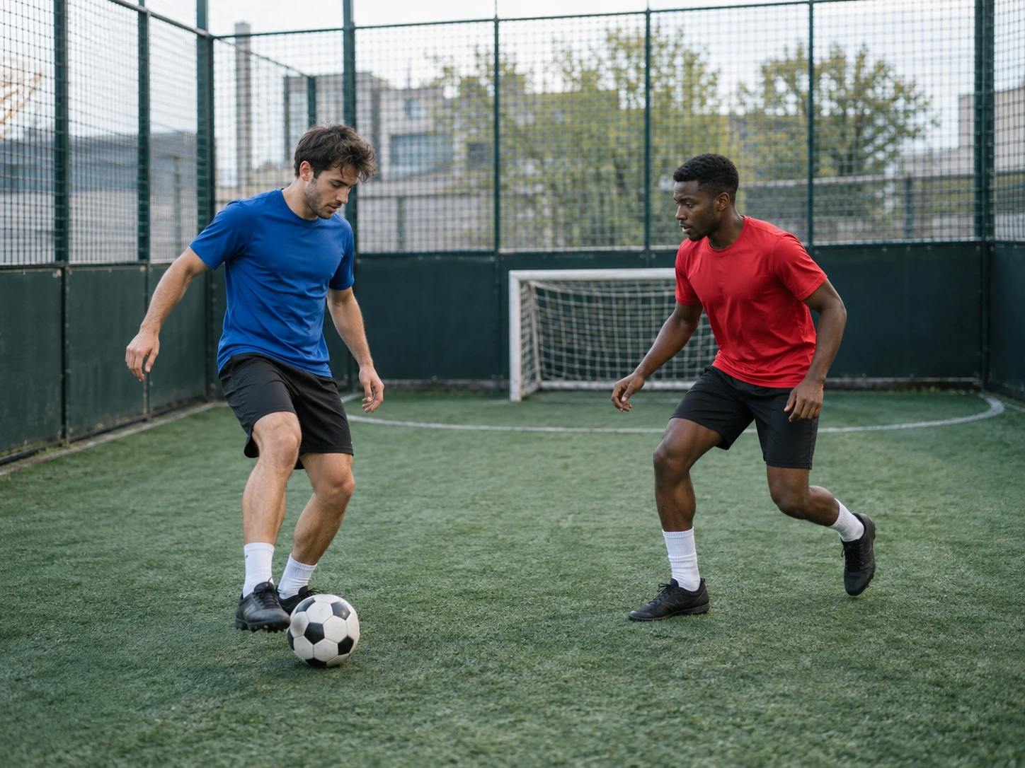 Players making short passes in cage football