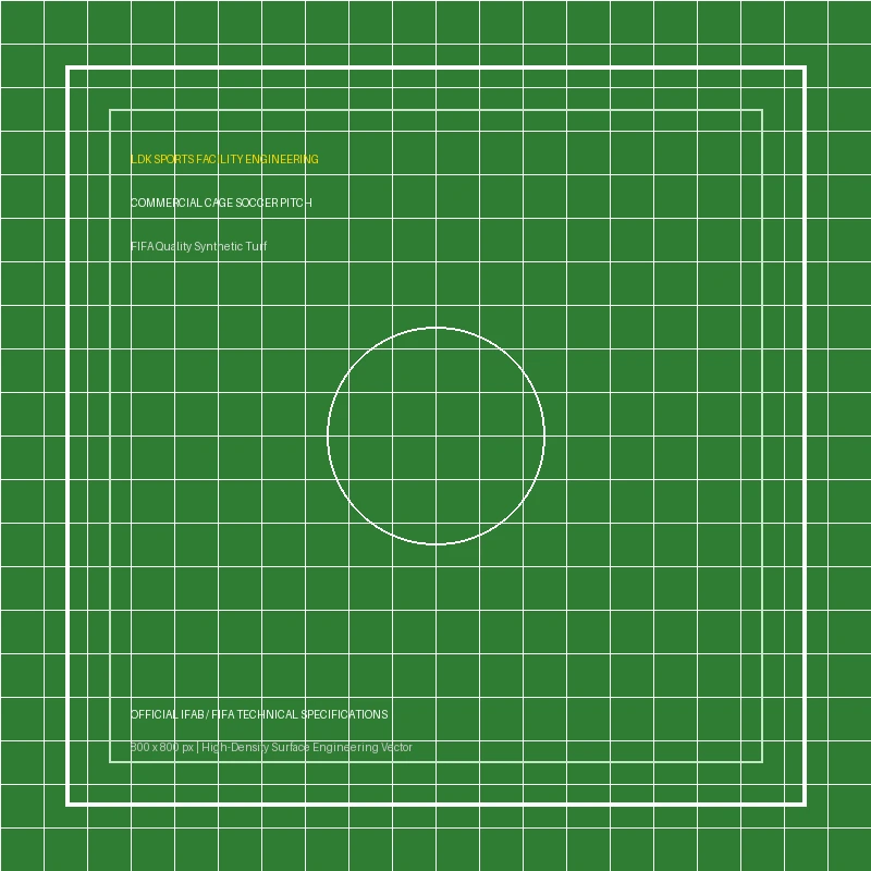 Modern artificial turf football cage enclosure with structural surround fencing and floodlighting