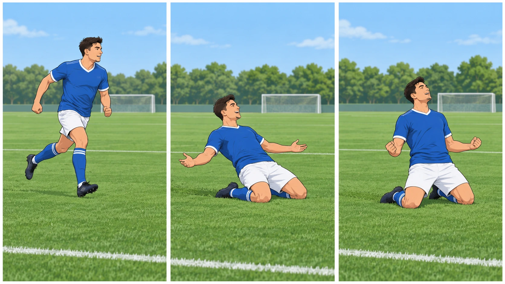 Three-panel illustration of a controlled knee-slide celebration from approach to finish