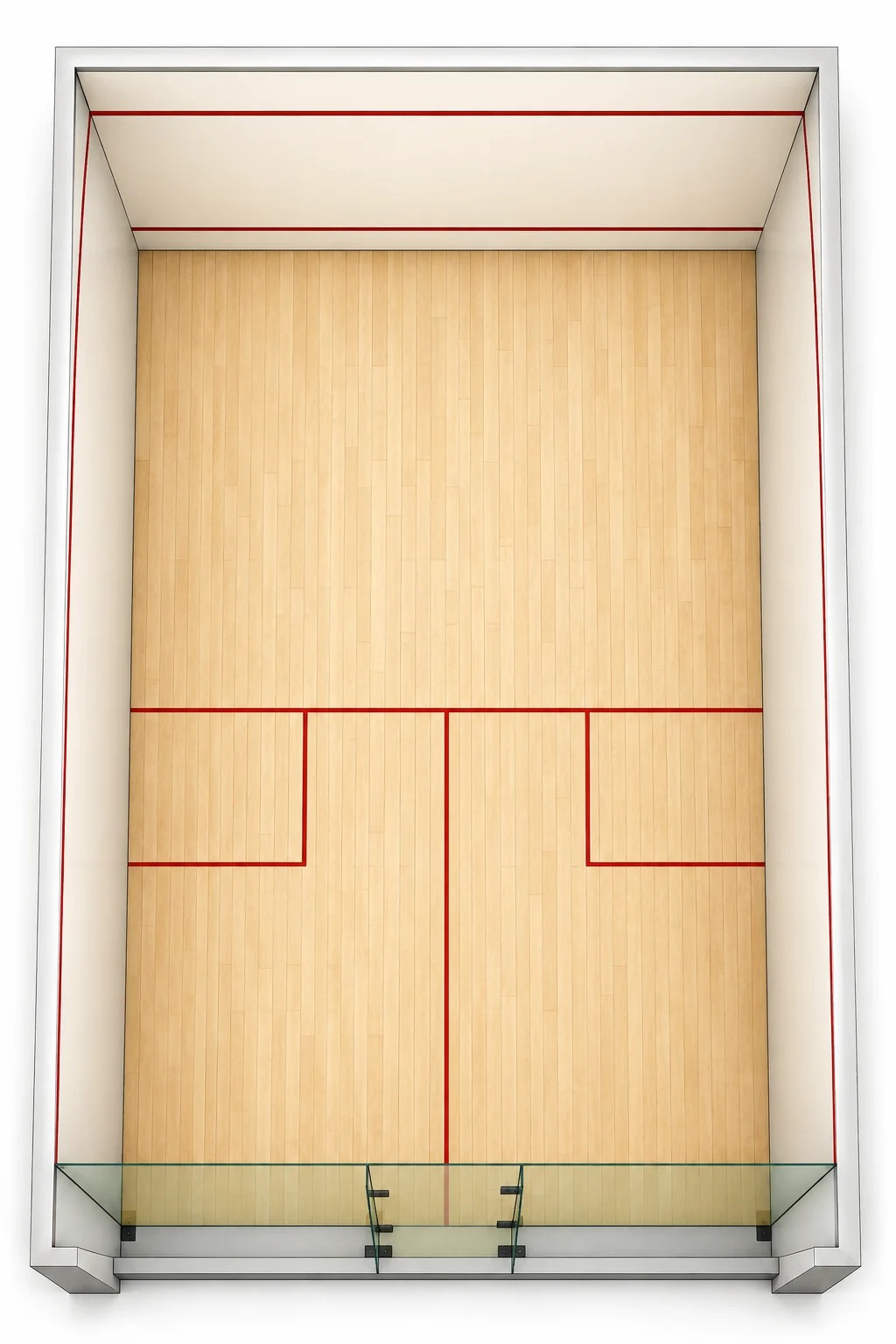 Unlabelled top-down squash court plan with service boxes