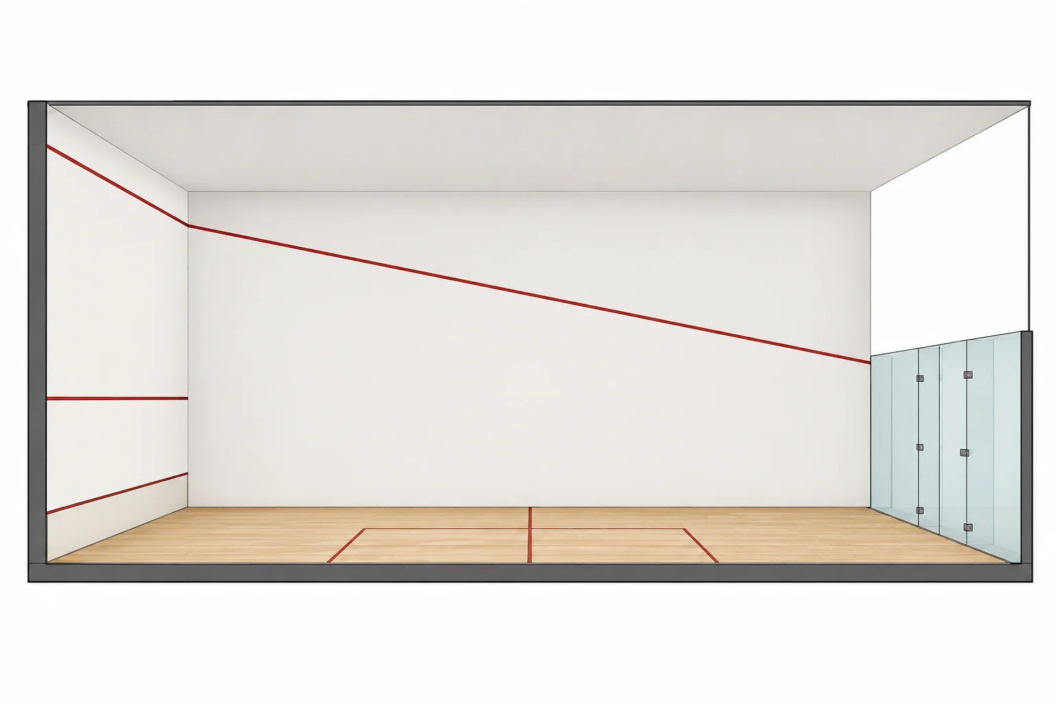 Unlabelled side elevation of a squash court