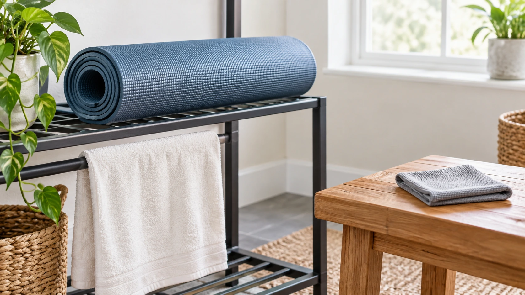 Yoga mat drying and storage setup