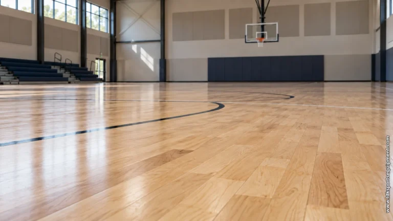 AI-generated concept scene of an empty indoor basketball court with a wood floor; not an LDK project photograph and not a view of the hidden resilient-pad assembly.