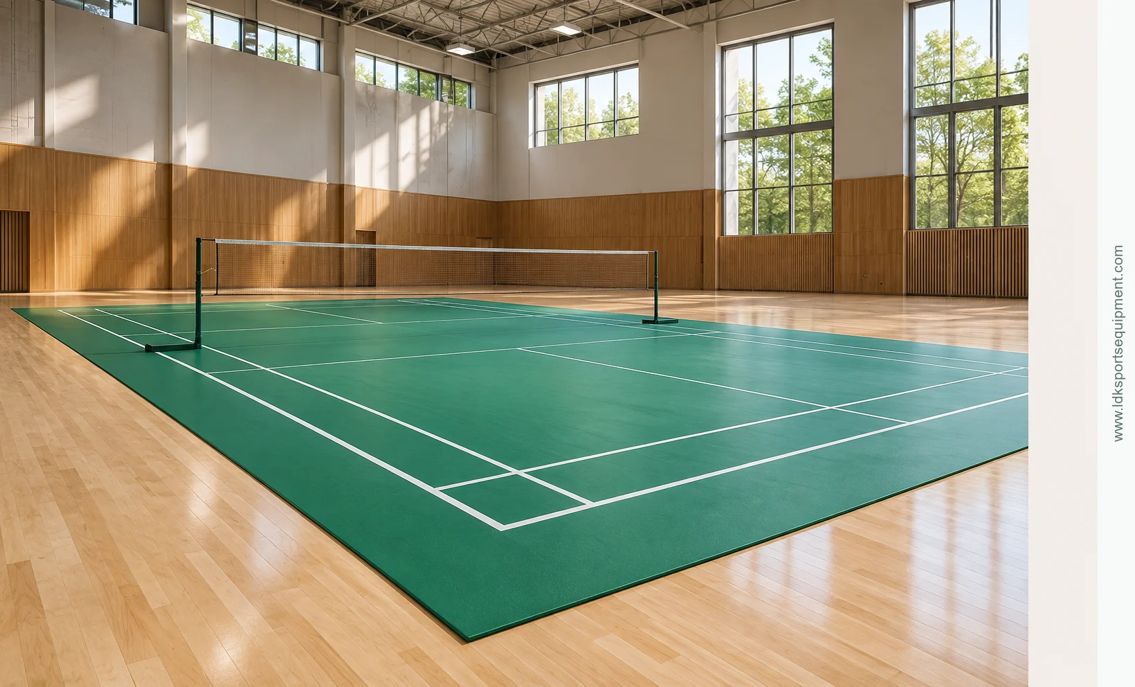 Indoor badminton court with a green roll-out court mat over a wood sports floor