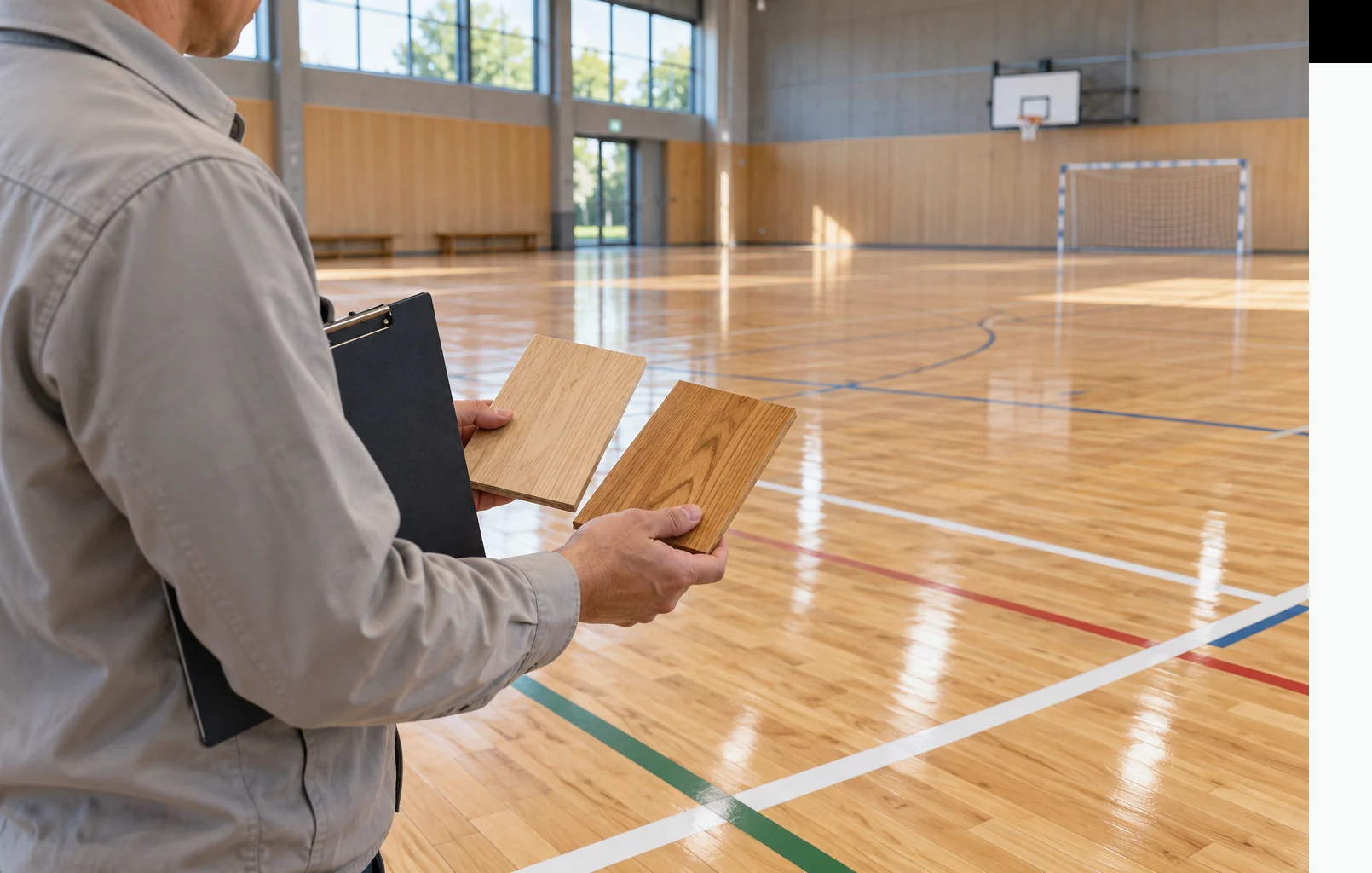 Facility specifier comparing unmarked floor samples beside an indoor court