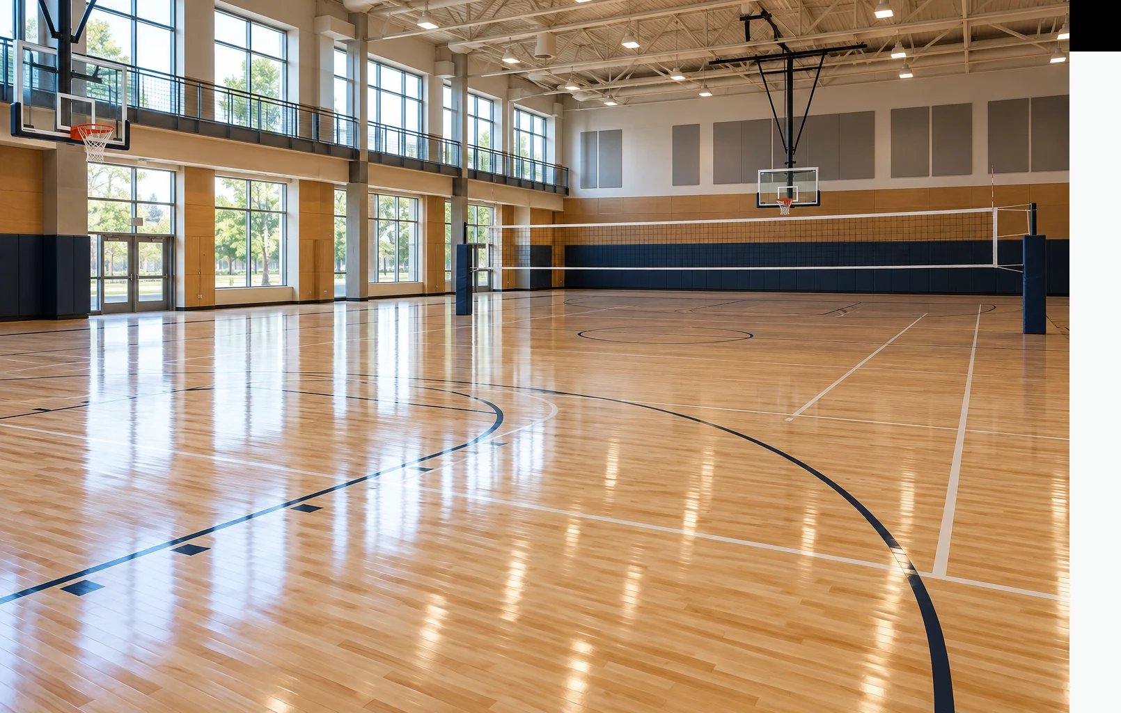 Indoor multi-sport hardwood court with basketball and volleyball markings