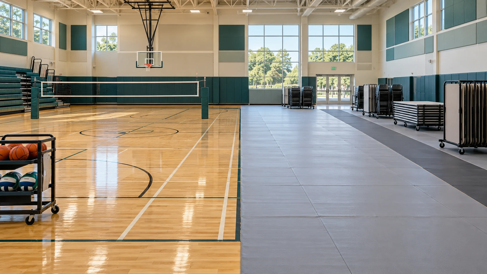 Concept illustration of a sports hall divided between court use and a protected event route