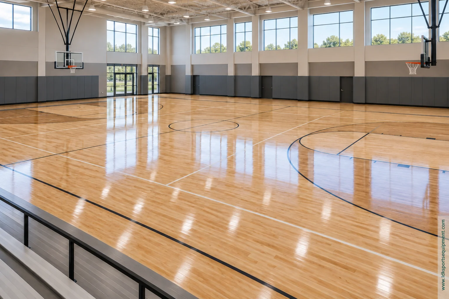 AI-generated concept illustration of a generic indoor hardwood gym; not an LDK project or finish sample. Empty indoor wood sports court with generic basketball and volleyball markings