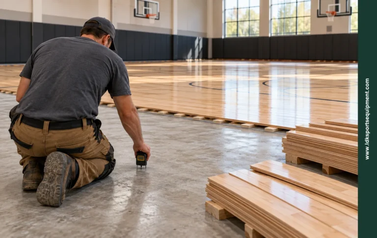 AI-generated editorial illustration of a technician checking a concrete slab beside a wood gym floor under construction.