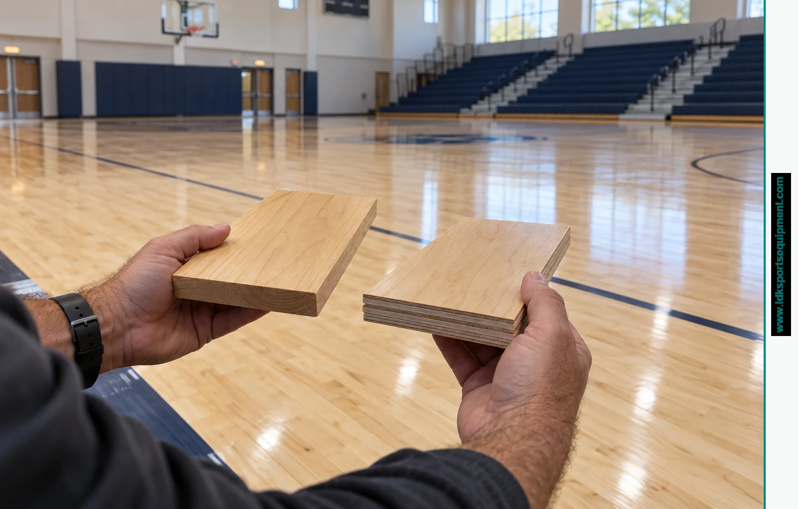 AI-generated editorial illustration; not an actual LDK project. Facility manager compares a solid wood sample and a layered engineered sports-board sample beside a gym court
