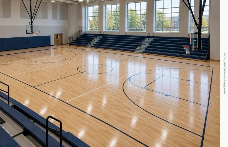 Empty indoor basketball gym with a polished maple court and generic markings