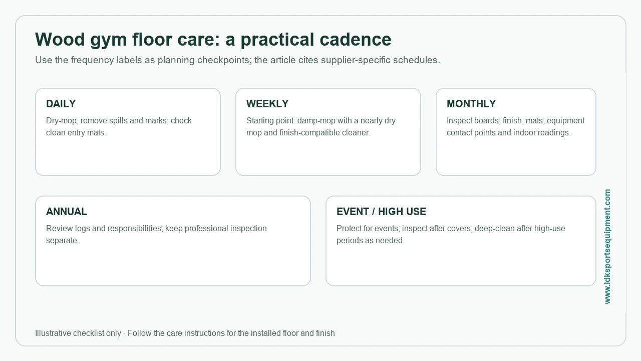 Diagram: A visual summary of the facility checklist cadence. Illustrative cadence diagram for daily, weekly, monthly, annual, and event or high-use wood gym floor care