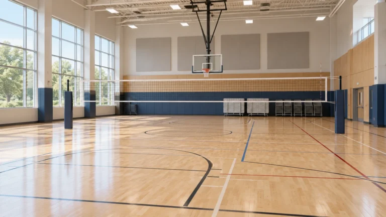 Concept illustration of a community sports hall arranged for basketball and volleyball