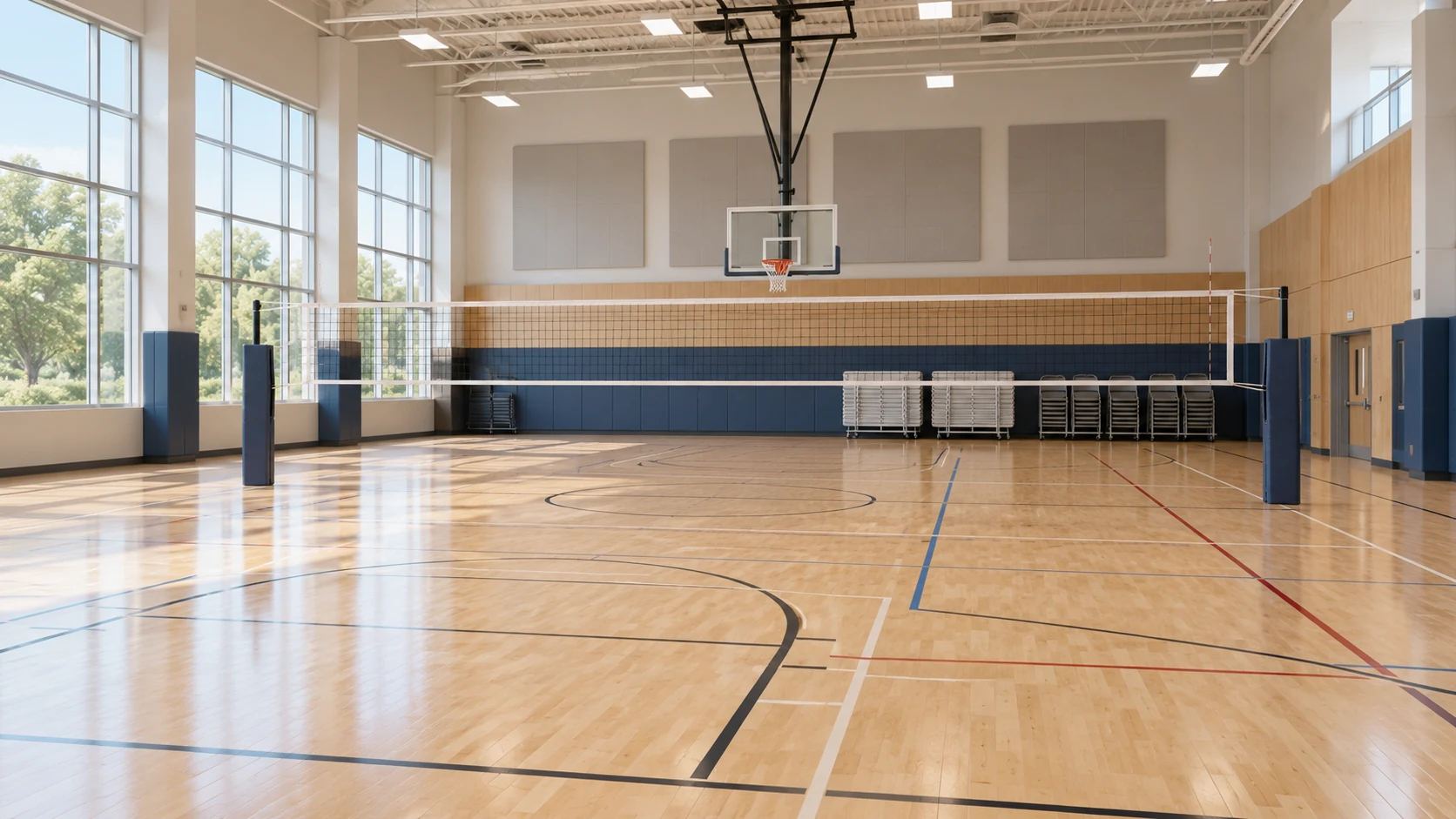 Concept illustration of a community sports hall arranged for basketball and volleyball
