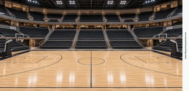 Empty indoor arena with a maple-colored basketball court, conceptual illustration