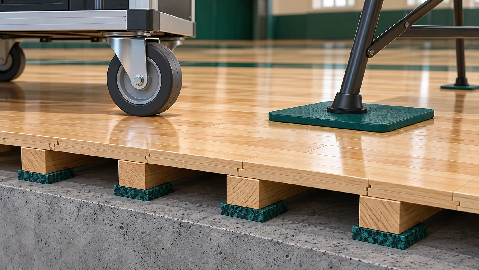 Concept diagram showing a cart wheel and protected furniture foot over a generic sprung floor section