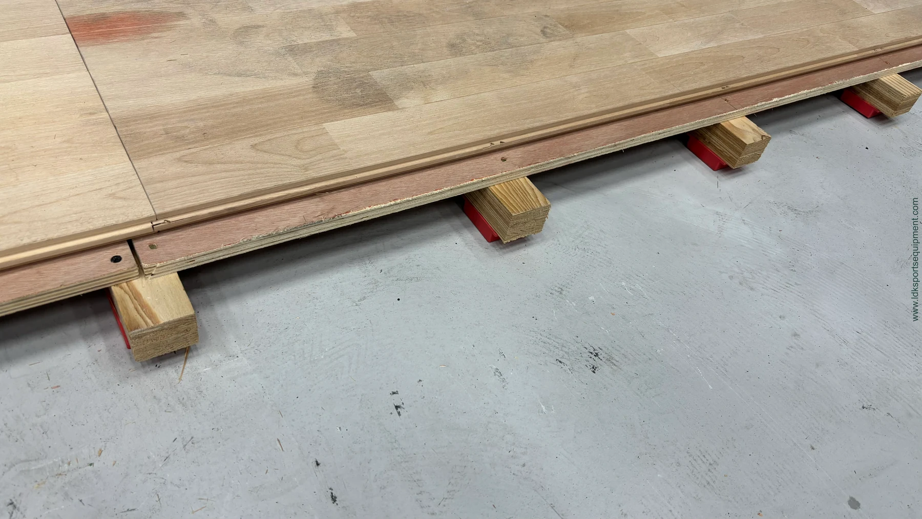 Rendering of squash court floor panels, support members, and resilient pads